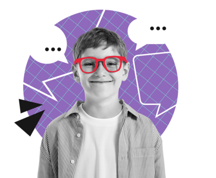Happy child wearing red glasses over striped shirt, isolated against colorful abstract background with speech bubbles, representing communication concept