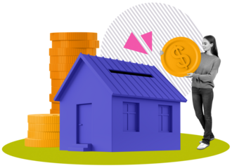 Woman stands beside a purple house and orange coin stacks, holding a golden dollar coin, on white background. Concept of real estate tax and mortgage savings
