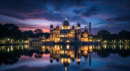 Obraz premium Majestic illuminated palace reflected in calm water at twilight