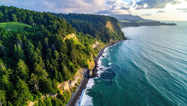 Serene Coastal Landscape With Lush Green Forested Cliffs Meeting The Sparkling Blue Ocean Under A Dramatic Sunset Sky