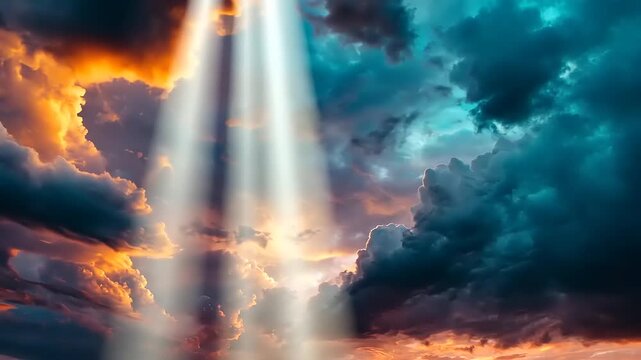 Dramatic clouds and sky with colorful sunset and god rays, mystical concept footage