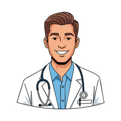 Fototapeta premium Smiling young male doctor with brown hair in a white lab coat and stethoscope illustrated in a clean comic style.