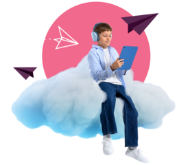 Young boy using tablet while sitting on a fluffy cloud, wearing headphones, surrounded by paper planes on transparent background, symbolizing digital cloud