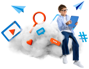 Happy child with tablet sitting on cloud, surrounded by digital social network icons and symbols in a playful style on transparent white background
