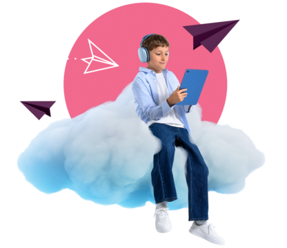 Young boy using tablet while sitting on a fluffy cloud, wearing headphones, surrounded by paper planes on transparent background, symbolizing digital cloud