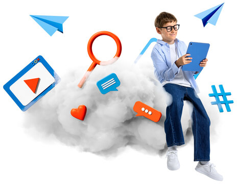 Happy child with tablet sitting on cloud, surrounded by digital social network icons and symbols in a playful style on transparent white background - Powered by Adobe