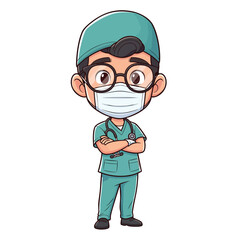 Young cartoon male doctor in teal scrubs surgical cap and face mask with arms crossed.