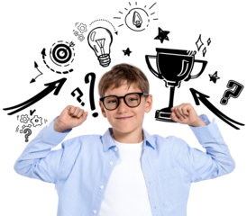 Cheerful boy with glasses raising arms in victory pose, surrounded by success and trophy doodles, on a transparent background, concept of winning