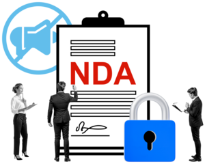 Business people around NDA document with lock and mute icon, collage style on white background. Concept of legal confidentiality and secrecy