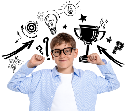 Cheerful boy with glasses raising arms in victory pose, surrounded by success and trophy doodles, on a transparent background, concept of winning