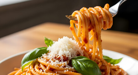 Spaghetti Pasta with Tomato Sauce, Parmesan Cheese, and Fresh Basil. Shown is a fork lifting a strand of spaghetti, parmesan, basil