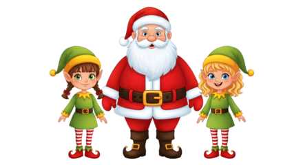 A cartoon illustration of santa claus standing between two cheerful elves in green outfits, isolated on transparent background