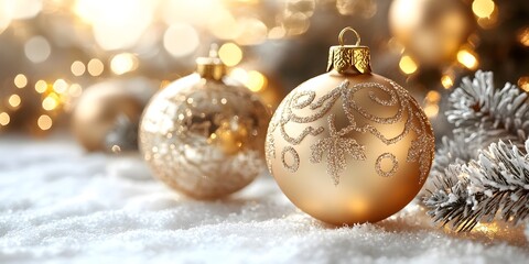 Golden ornaments rest on a bed of snow, reflecting warm lights around them