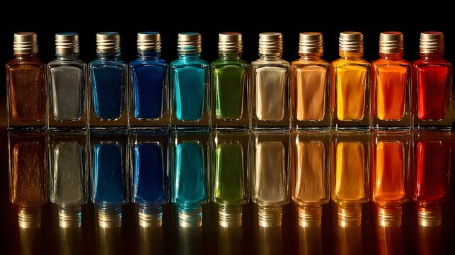 Row of small glass bottles filled with colorful liquids rests upon a reflective surface