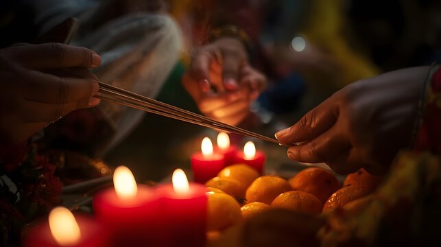 Incense sticks and candles light up a spiritual offering, illuminating the devotion during a cultural or religious ceremony with a sense of peace and tradition