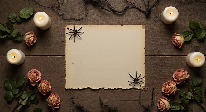 Autumn Halloween decoration with candles, roses, and spider on paper  