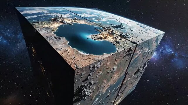 Conceptual Cubic Earth Cross Section Floating in Outer Space.
