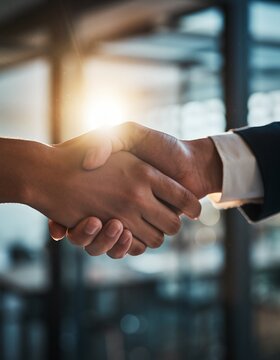 Close-up of businessman hand making handshake with partner the ray from the background.
