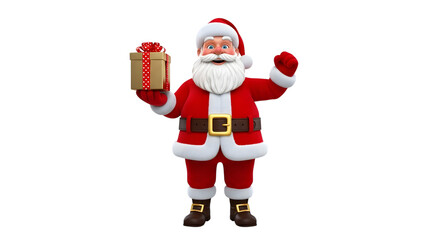 A cheerful santa claus holding a christmas gift, isolated on transparent background