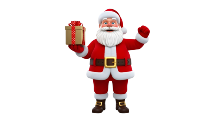 A cheerful santa claus holding a christmas gift, isolated on transparent background