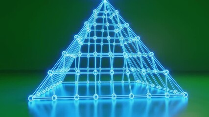 Glowing blue geometric pyramid model with reflective surface and green background - Powered by Adobe