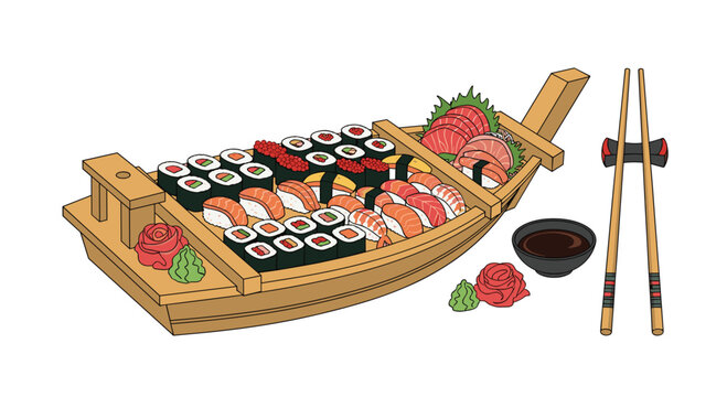 A delicious sushi boat filled with salmon rolls, tuna sashimi, and vibrant flavors for a delightful dining experience at your table