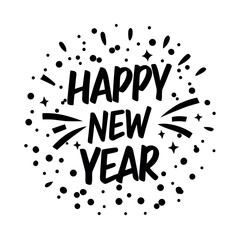 Festive confetti burst behind happy new year.