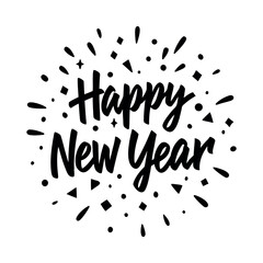 Festive confetti burst behind happy new year.