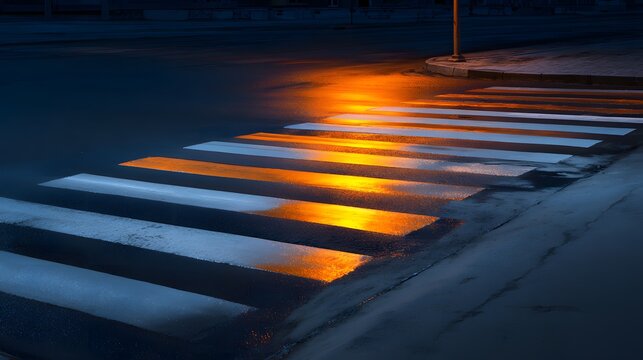 Illuminated pedestrian crossing stripes glow brightly under artificial light during nighttime hours