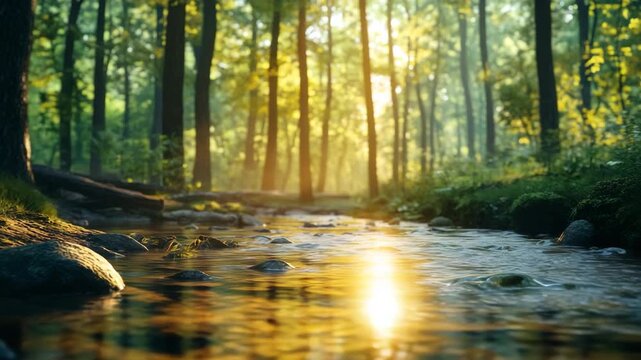 A sunlit forest stream with clear water flowing slowly over rocks and lined with tall trees