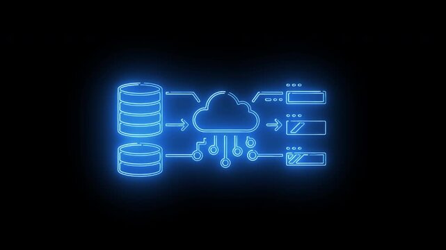 Blue neon customer engagement workflow with profile, analytics and communication icons
