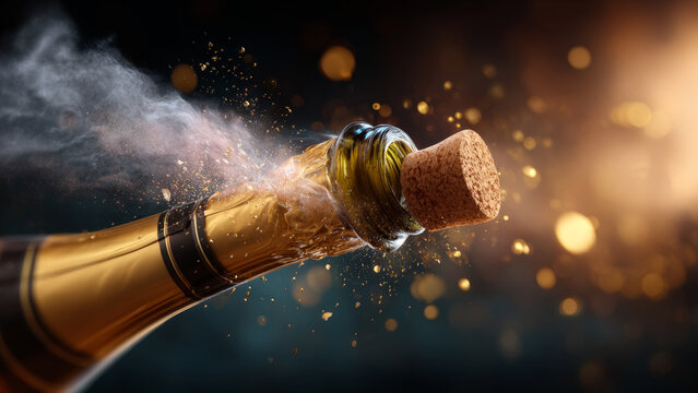 Champagne bottle popping with cork flying and fizzing liquid. Celebration moment with golden beverage. Festive toast for Christmas and New Year.