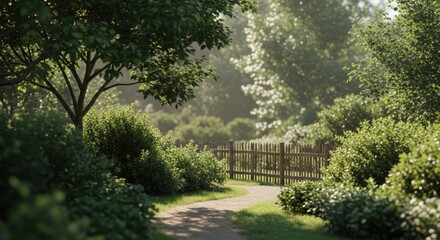 Obraz premium Sunlit garden path leading to a wooden gate surrounded by lush greenery