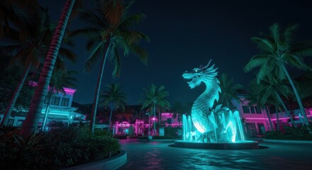 Illuminated dragon fountain at night with tropical palm trees and neon lights