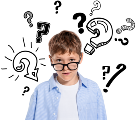 Surprised boy in glasses with hand-drawn question marks around him, realistic style, isolated on transparent background, concept of confusion or curiosity