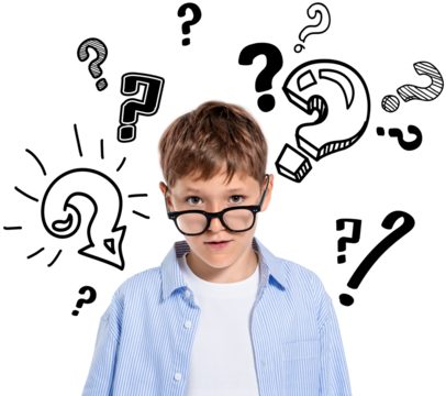 Surprised boy in glasses with hand-drawn question marks around him, realistic style, isolated on transparent background, concept of confusion or curiosity