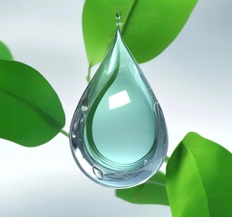 3D render of transparent water droplet with green leaf texture inside, symbolizing eco technology, clean energy, and sustainable innovation