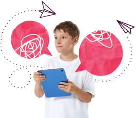 Boy holding blue tablet with pink speech bubbles and doodle designs, isolated on white background, representing social media chat mockup concept