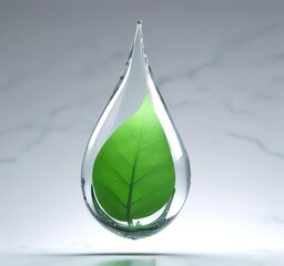 3D render of transparent water droplet with green leaf texture inside, symbolizing eco technology, clean energy, and sustainable innovation