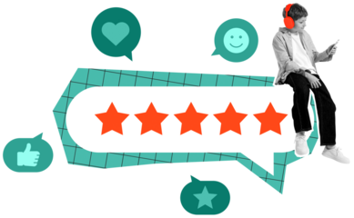 Child sitting on five-star rating bubble, wearing headphones and using phone, surrounded by feedback icons, on white background, symbolizing online reviews