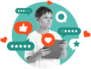 Child holding tablet with feedback, star ratings, and review icons around, in modern graphic style on isolated transparent background, symbolizing business reputation