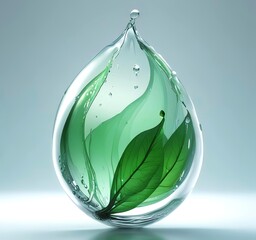 3D render of transparent water droplet with green leaf texture inside, symbolizing eco technology, clean energy, and sustainable innovation