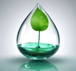 3D render of transparent water droplet with green leaf texture inside, symbolizing eco technology, clean energy, and sustainable innovation