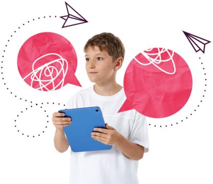 Boy holding blue tablet with pink speech bubbles and doodle designs, isolated on white background, representing social media chat mockup concept