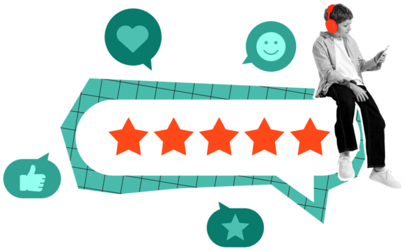 Child sitting on five-star rating bubble, wearing headphones and using phone, surrounded by feedback icons, on white background, symbolizing online reviews