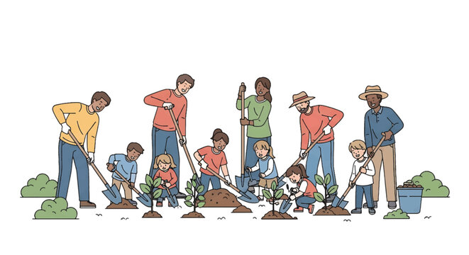 Illustration of diverse group of people planting trees and flowers together outdoors - Powered by Adobe