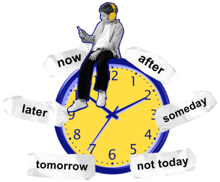 Boy wearing headphones using smartphone while sitting on a large yellow clock, procrastination concept with words like later and tomorrow on white background