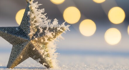 Glittering Christmas star ornament in snow with golden bokeh festive lights