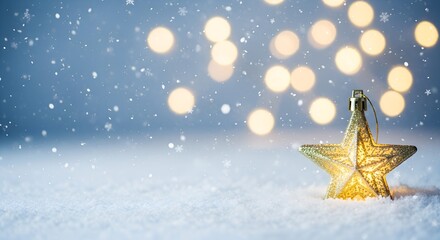Shining golden star ornament in snow with glowing Christmas lights and snowfall