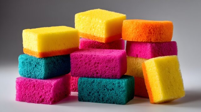 Assortment of brightly colored rectangular cleaning sponges stacked together on a light surface